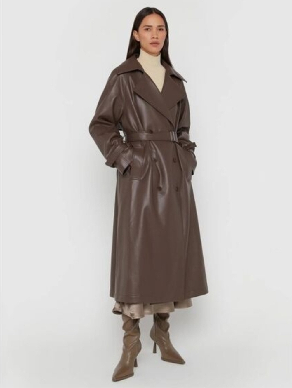 Oak + Fort Oversized Vegan Leather Brown Trench Coat Women's Large